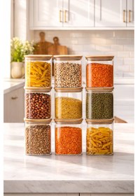 Resim Porsima 5-3 Bambu Vakumlu Kapaklı Kare Borsilikat Cam 9lu Kavanoz Seti Saklama Kabı 750ml 7,5x15cm Ahşap - Şeffaf 