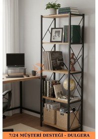 Resim Fifty 5 Raflı Metal Dar Tekli Kitaplık Dosya Ofis Salon Rafı 150 Cm Çam 