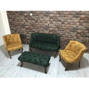 Resim ElizzanMobilya Yeşil Ve Sarı Çay Seti Berjer Koltuk Takımı 2+1+1 Koltuk ve Bench Bank 