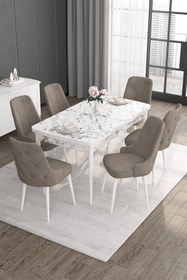 Resim Canisa Noa Serisi 80x132 Mdf Açılabilir Beyaz Mermer Desen Masa Takımı 6 Cappucino Sandalye 