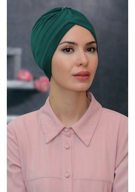 Resim Hürrem Bone Zümrüt Pratik Hazır Geçmeli Tesettür Bone Sandy Kumaş Taçlı Büzgü Zümrüt 