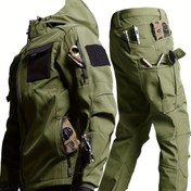 Resim Erkek Açık Hava Yürüyüş Takımı Spor Klasik Ceket Yumuşak Kumaş İş Pantolonları İki Parça Sonbahar ve Kış Polar Kapüşonlu Rüzgar Geçirmez Sıcak İş Giyim Çoklu Cep Gömlek ve Pantolon 