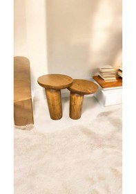 Resim Wood Ahşap 2 Li Set Mantar Tik Ağacı Renk Yan Sehpa Modern Fiskos / Çiçeklik / Zigon Kahverengi 