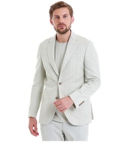 Resim Hatemoğlu Bej Slim Fit Çizgili Mono Yaka Casual Keten Ceket 14242024c002 25 Bej 
