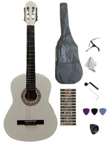 Resim Sazhane 4/4 Sap Ayarlı Beyaz Klasik Gitar Seti (KILIF-PENA-KAPO-NOTA STİCKER...) 