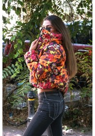 Resim Keyifli Moda Kadın Turuncu Dik Yaka Çiçekli Kısa Şişme Mont - 36 Turuncu 
