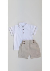 Resim Erkek Bebek Bej Keten Denizci Gömlek Şort Takım-Bej 