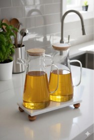 Resim Morponi Mermer Stantlı Borosilikat Masterchef Bambu Kapaklı Cam Yağlık 2 Li Set 900 Ml+900 Ml Şeffaf 