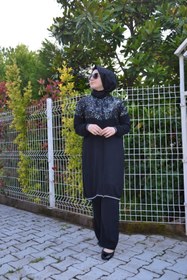 Resim AYSUN AYDEMİR Gümüş Payet Detaylı Siyah Fermuarlı Tesettür Eşofman Takımı 
