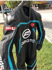 Resim Andes Turkuaz Deri Tek Parça Motosikletçi Tulumu 