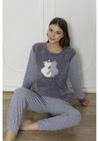 Resim Wordex Fawn 3011 Peluş Welsoft Polar Kışlık Kadın Ev Kedi İşlemli Pijama Takımı Gri 