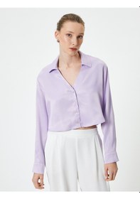 Resim Koton Viskon Crop Gömlek Düğmeli Uzun Kollu Lila 4sak60250uw Lila 