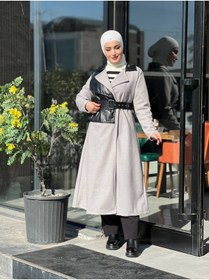 Resim Esre Store 44114 - Deri Detaylı Tesettür Kaban Gri-A3 