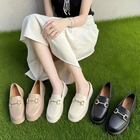 Resim Kadınlar İçin Retro Fransız Tarzı Slip-On Loafer, Kalın Kauçuk Taban, EVA Üst ve İç Taban, Bej Renkli Altın Toka Detaylı, Tüm Mevsimler İçin Rahat Ayakkabı 