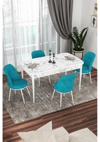 Resim Canisa Kor Serisi 70x114 Açılabilir Mutfak Masası Takımı Beyaz Mermer Desen Masa 4 Turkuaz Sandalye Masa Beyaz Mermer Desenli Sandalyeler Turkuaz 