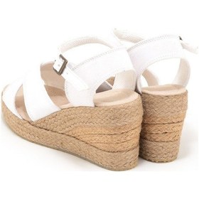 Resim Star Tombis Gerçek Elişi 9cm Topuklu Platformlu Dolgu Topuk Keten Çapraz Sandalet Handmade Beyaz 