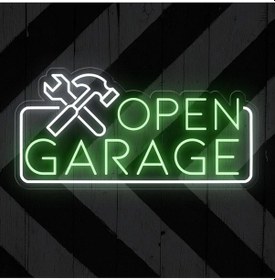 Resim Open Garage Yazılı Ve Şekilli Neon Tabela Yeşil 