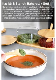 Resim 2'li Bambu Kapaklı Cam Baharatlık Seti - Bambu Kaşıklı Standlı Tuzluk Biberlik Baharat Takımı 280 Ml ŞEffaf 