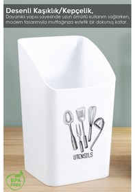 Resim 2'li Tezgah Üstü Kaşıklık - Mutfak Organizer Düzenleyici Kepçelik Kaşık Bıçak Standı Siyah Beyaz Beyaz - Siyah 