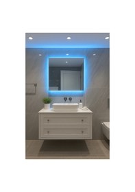 Resim Digital Hayat Dokunmatik Dimlenebilir Mavi Led Işıklı Kare Ayna Dekoratif Banyo Makyaj Aynası Mavi 