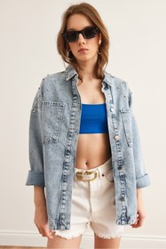 Resim Olalook Kadın Mavi Boncuk ve Taş Detaylı Oversize Denim Ceket CKT-19000433 
