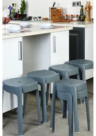 Resim Kaymaz Ayaklı Dekoratif İç İçe Geçebilen Plastik Tabure Mutfak Bahçe Taburesi 6 Adet Antrasi Antrasit 