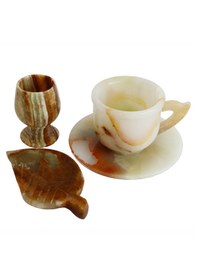 Resim Oniks Doğal Taş Kahve Seti El Yapımı Fincan, Ceviz Lokumluk & Su Bardağı Dekoratif Hediyelik Lüks Kahve Takımı Fincan + Kadeh + Lokumluk 