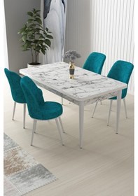 Resim Canisa Nil Serisi 70x110 Sabit Mutfak Masası Takımı Beyaz Mermer Desen Masa 4 Turkuaz Sandalye Masa Beyaz Mermer Desen Sandalye Turkuaz 