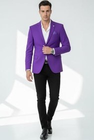 Resim Plus Scorpion Erkek Slim Fit Mono Yaka Tek Düğmeli Blazer Ceket - Çift Yırtmaçlı, Premium Dokuma (Mor, 46) 