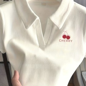 Resim Y2K Kadın Kiraz Desenli Gömlek - Beyaz Kısa Kollu, Cesur Kırmızı Logo, %100 Polyester, Yarı Şeffaf & Makinede Yıkanabilir, İlkbahar/Yaz Günlük Giyim 