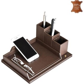 Resim Tabac 363-39 Hakiki Deri Masa Üstü Telefon ve Gözlük Tutucu Koyu Kahve 