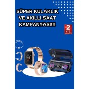 Resim Kadınlar Için 3 Kordonlu Akıllı Saat ve Dijital Göstergeli Powerbankli Bluetooth Kulaklık Dok 