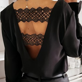 Resim Eşofman İnce Dantelli Polyester Bluz - V-Yaka Uzun Kollu Katı Gömlek, Tüm Mevsimler İçin Kontrast Dantel Detayı ile 