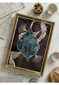 Resim Ginkgo Yaprağı Desenli Dekoratif Tepsi & Çerceveli Çay Kahve Sunum Tepsisi 