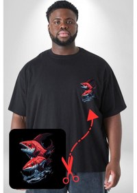 Resim Kırmızı Japon Balığı Siyah Büyük Beden Kadın Basic Minimal Baskılı Tişört Siyah 