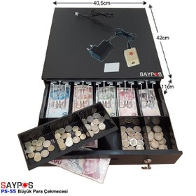 Resim Kolay Açma Butonlu 5 Geniş Banknot Gözlü Anahtardan Açılır Büyük Para Çekmecesi 40,5x42x11cm 