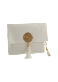 Resim Şantuk Keseli Tafta Seccade Ve İnci Vavlı Tesbih Set , Taşınabilir Namaz Seti Krem 