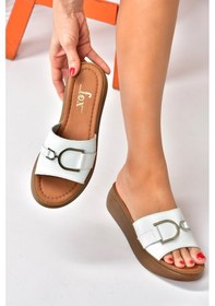 Resim Beyaz Hakiki Deri Yüksek Tabanlı Günlük Kadın Terlik P291049403 