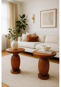 Resim Doğal Masif Ahşap Yan Sehpa Seti 2 Li Meşe Renk Zigon Ve Fiskos Meşe 