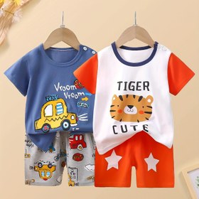Resim 2 Parça Çocuk Pamuk Kaplan Desenli Kısa Kollu Tişört ve Şort Takımı, Rahat İç/Dış Mekan Giyim, Dışarıda Kullanım İçin Mükemmel 