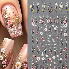 Resim 5D Kabartma Çiçek Tırnak Sanatı Sticker Decals ile Papatya, Beyaz Pembe Çiçek Tırnak Sanatı Sticker Kış Tatili, Sevgililer Günü, Kendinden Yapışkan Çiçek Decals 
