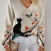 Resim Kadınlar İçin Şık V Yaka Kazak - Renkli Kedi ve Çiçek Desenli, Uzun Kollu, Düğmeli Ön, Hafif, Sonbahar/Kış Günlük Kullanım ve İşe Gidiş Geliş için Mükemmel, Sonbahar Kış Giyim | V Yaka Kazak | Yapısal Kedi Kazak 