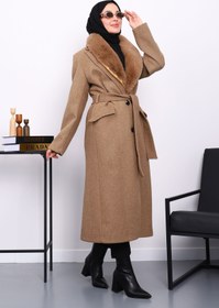 Resim İmajButik Camel Yaka Kürklü Kuşaklı Kaşe Kaban 
