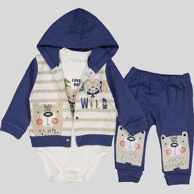 Resim Kamp Desenli Kapüşonlu % 100 Pamuk Erkek Bebek Takımı Lacivert 