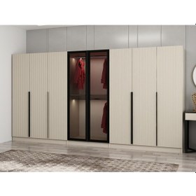 Resim Kale Plus 8 Mebran Kapaklı 4 Çekmeceli Dolap Kumtaşı Mebran Füme Cam 190cm Bej 