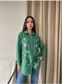 Resim Nakışlı Sarmaşık Desenli Keten Kadın Gömlek 001 