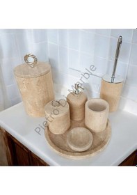 Resim Sarı Traverten Klasik Model 7 Parça Gümüş Renk Halka Aksesuarlı Banyo Seti Sarı Traverten 