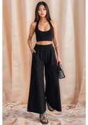 Resim Kadın Bel Lastikli Cepli Bol Paça Koton Siyah Pantolon Siyah 