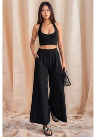 Resim Kadın Bel Lastikli Cepli Bol Paça Koton Siyah Pantolon Siyah 