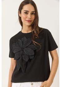 Resim Shade Kadın Çiçek Aksesuarlı Kısa Kollu Pamuklu T-shirt 60602040 - Siyah 